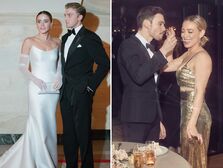 Collage of celebrities wearing chic wedding reception dresses. 