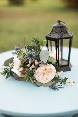 Thistle, Garden Rose and Eucalyptus Cocktail Table Centerpieces