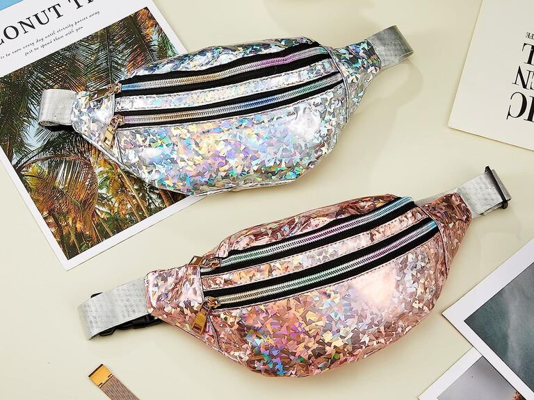 Holographic fanny packs in silver and pink bachelorette party favor