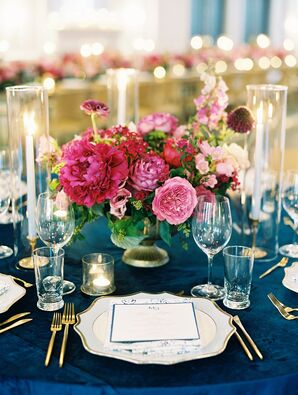 Pink Peony Centerpiece and Blue Table Linen