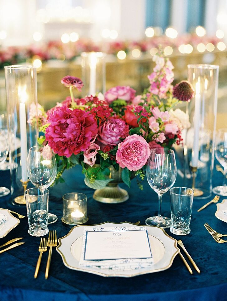 Pink Peony Centerpiece and Blue Table Linen
