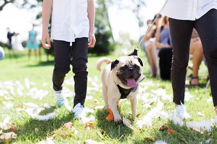 With a week of rain preceding their wedding date, Molly and Visar felt lucky to have an outdoor ceremony. “The day turned out to be perfect,” Molly says. Her mother scattered feathers and sequins in the ceremony aisle, adding a touch of whimsy to the outdoor nuptials.