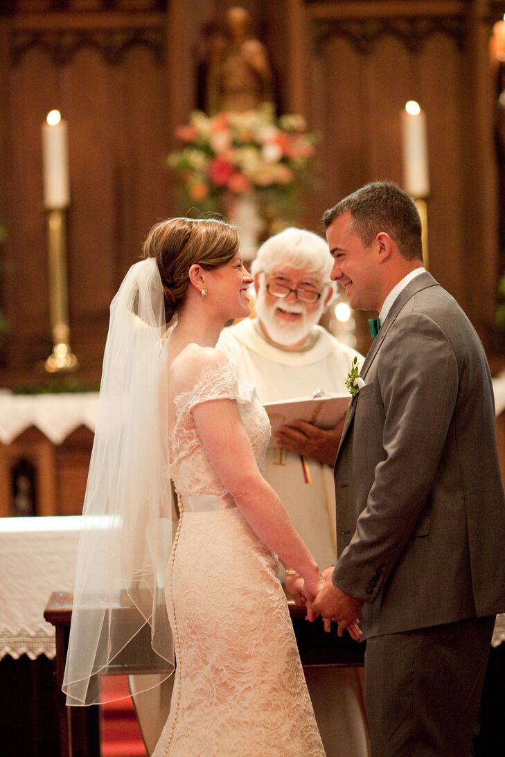 The couple had a traditional church ceremony and included as many friends and family members as they could. My father walked me down the aisle and I think he was more nervous than I was, Caitlin says.
