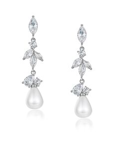 AW Bridal AW BRIDAL Pearl Drop Earrings for Weddings Stud Earrings for Women Cubic Zirconia Bridal Dangle Earrings for Wedding Earrings for Brides (Silver) Silver