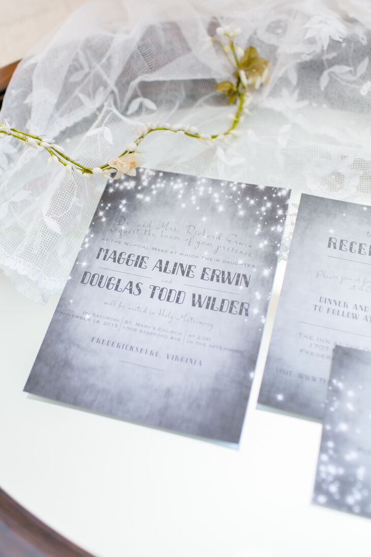 Maggie designed the save-the-dates, invitations, place cards, table numbers, thank-you cards and signs. The couple’s friend Missy painted the wedding logo, a watercolor of Maggie and Doug sitting on a paper moon in the sky.