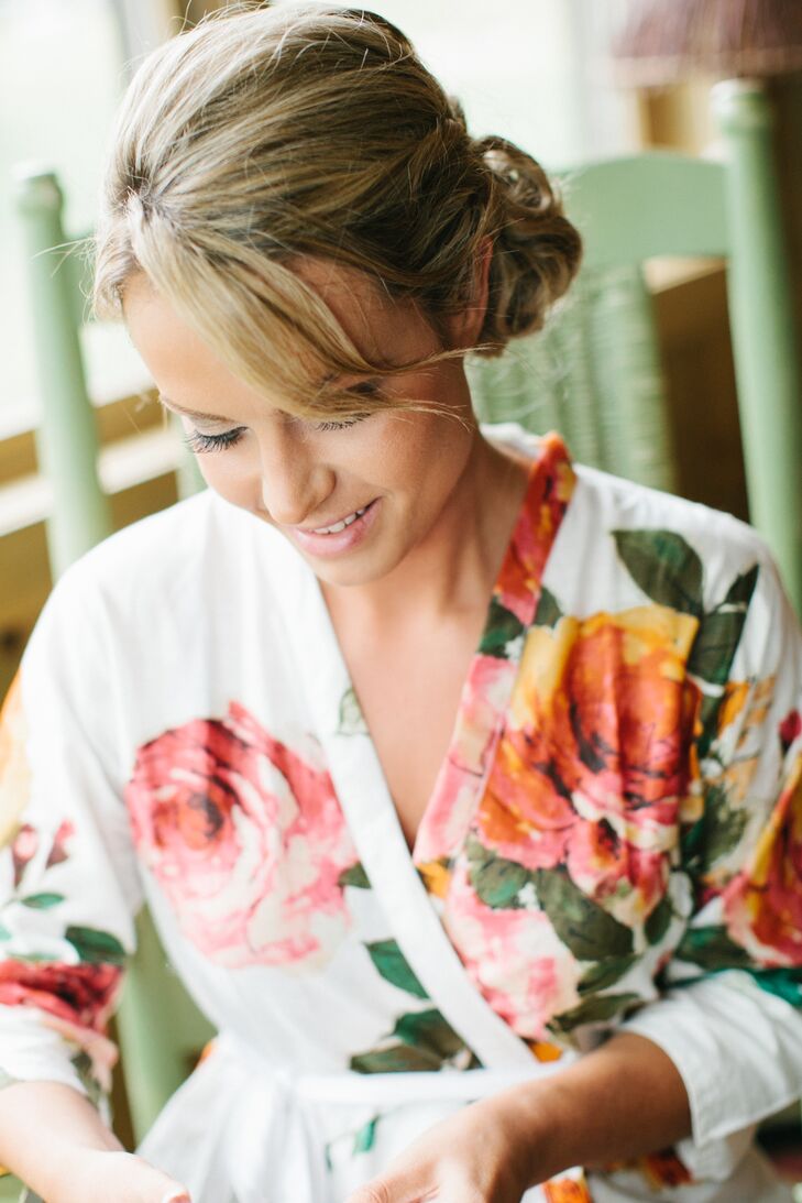 Bride's Floral Getting Ready Robe and Bridal Updo