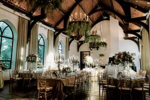 Flower-Filled Wedding Reception With Greenery Chandeliers at Wave Hill in the Bronx, New York