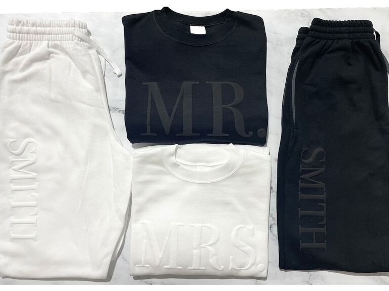 Black and white sweat sets with Mr. or Mrs. embossed