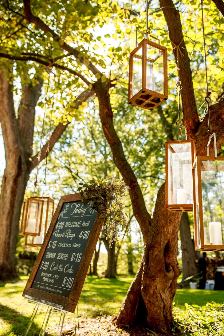 A Modern Chalkboard Wedding Sign and Hanging Lanterns at the Buchanan Farmhouse