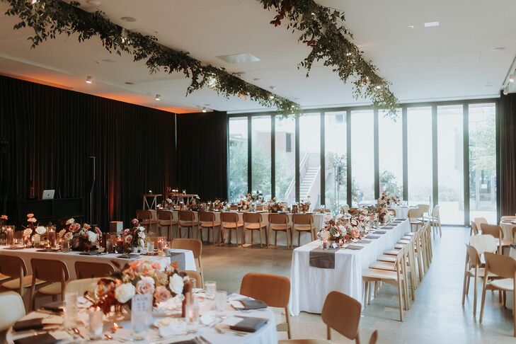 Reception in Hotel With Low Centerpieces, White Linens and Fall Colors