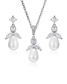 AW Bridal AW BRIDAL Pearl Bridal Jewelry Set for Wedding Necklace Jewelry Set for Brides Bridal Necklace and Earrings Set Cubic Zirconia Pierced Bridal Earrings for Women (Silver) Silver