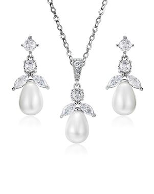 AW Bridal AW BRIDAL Pearl Bridal Jewelry Set for Wedding Necklace Jewelry Set for Brides Bridal Necklace and Earrings Set Cubic Zirconia Pierced Bridal Earrings for Women (Silver) Silver