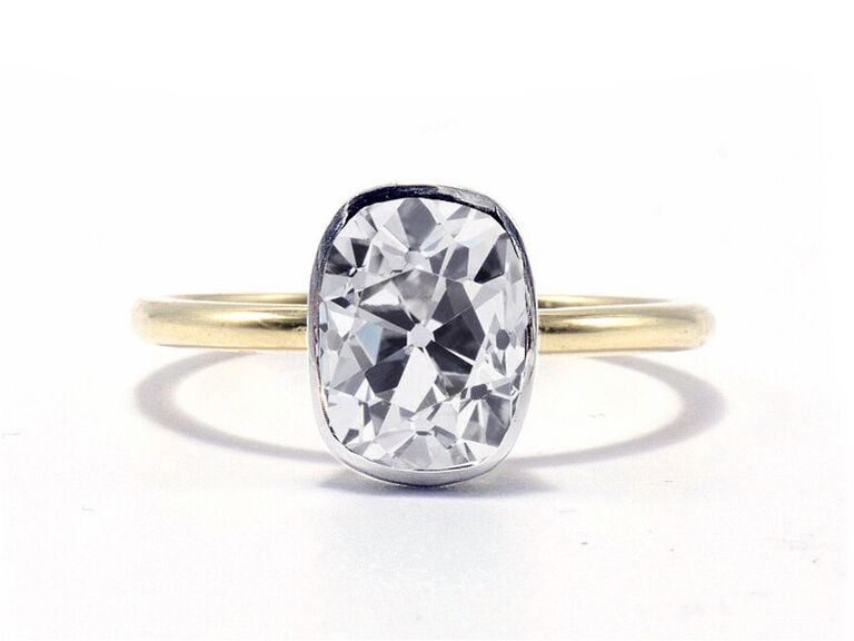 ashley zhang diamond cushion cut engagement ring with platinum setting and plain gold band
