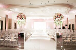 Cascading Hydrangea Arrangements on Mirrored Pedestals
