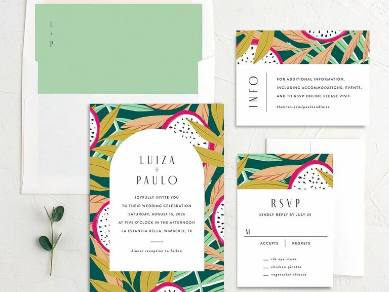 Bright tropical themed stationery suite maximalist 2023 invitation design trend