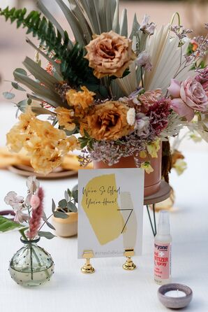 Modern Yellow Table Number and Boho Centerpiece for Wedding at Casa Cartel in Austin, Texas