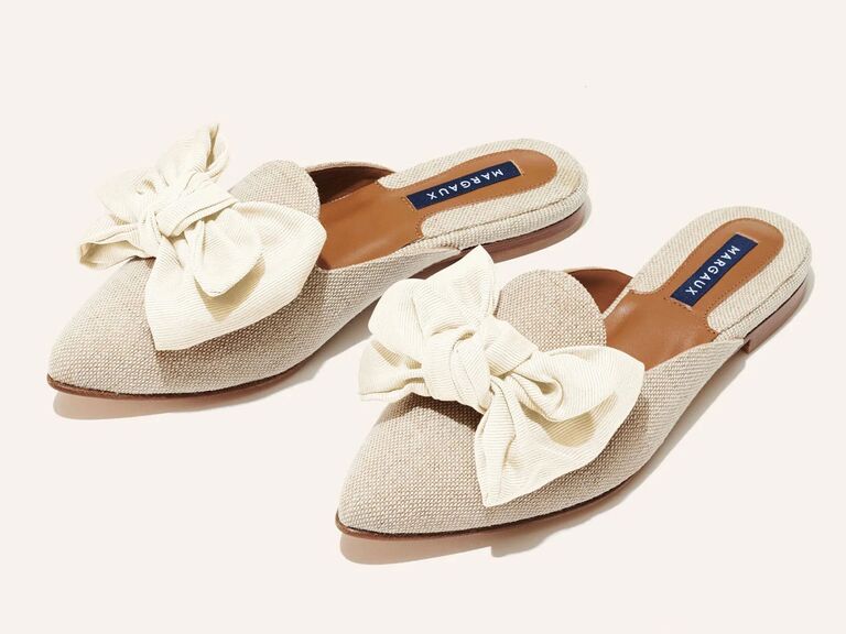 Margaux bow-topped bridal mules in medium, narrow and wide sizes