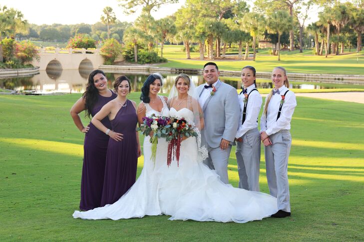 “We wanted our bridesmaids to be comfortable and pick the dresses they wanted,” Cassandra says. “We just wanted them in purple to match the theme.” Other attendants, male and female, sported light gray and white.