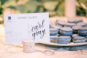 Modern Dessert Table with Macarons and Calligraphed Signs
