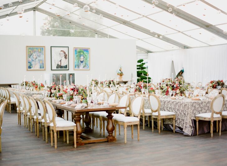 A green, burgundy and ivory color palette warmed the celebration, and 1,000 hanging candles created an ethereal glow. "It was like gazing at the beautiful starry night," Lauren says.