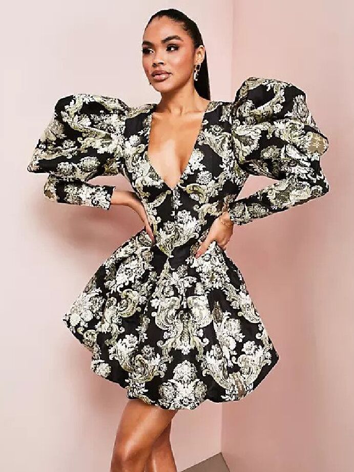 Printed long sleeve jacquard mini dress with puff sleeves