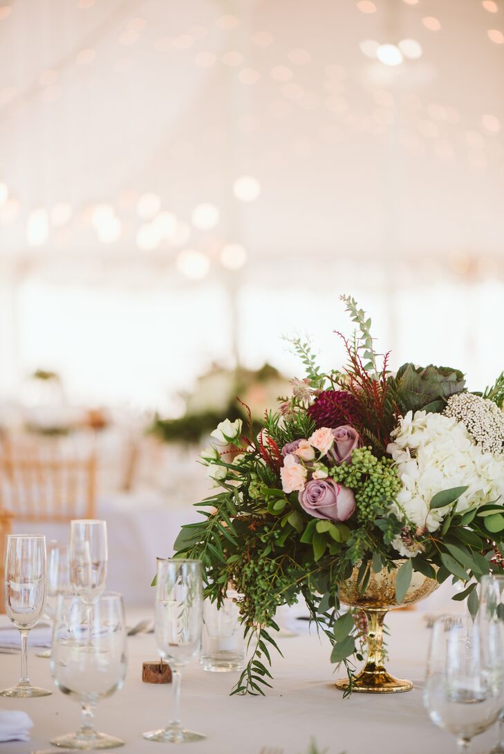 Cascading Rose and Hydrangea Arrangements in Gold Footed Vases