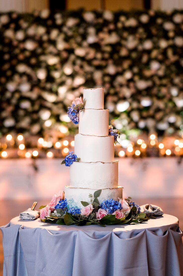 Whimsical Five-Tiered Cake with Blue Hydrangeas