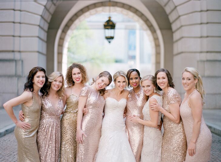 Wedding Party in Gold Sequined Dresses