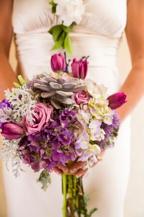 Purple Bridal Bouquet With Succulents and Roses