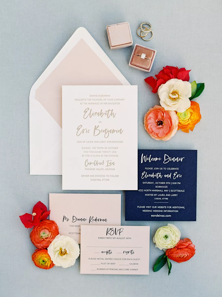A beautiful autumn-inspired stationery suite in pale taupe and vibrant navy.