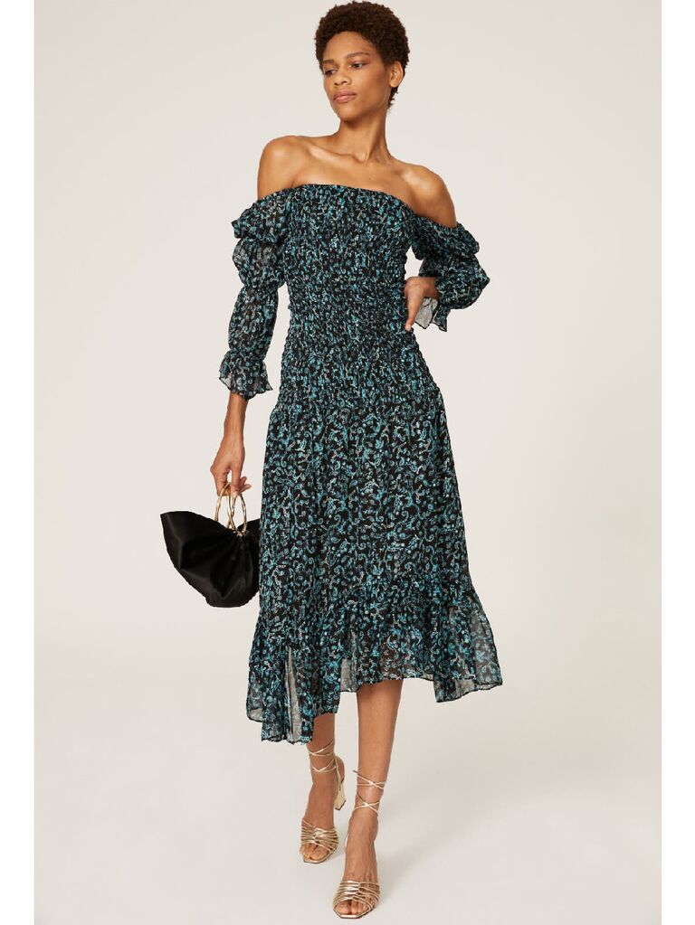 Off-the-shoulder blue and green floral print winter wedding guest dress 