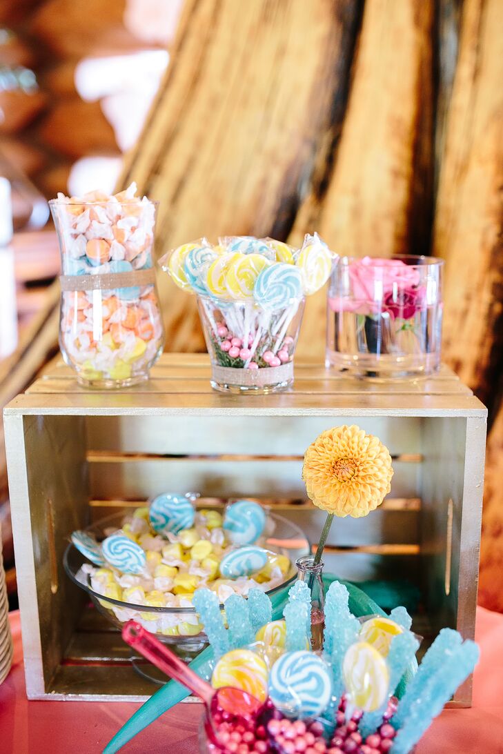 A Whimsical Pink, Yellow, and Turquoise Lollipop and Candy Bar