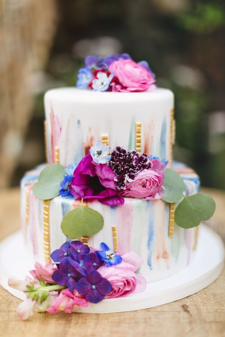Hawaiian Wedding Cake with Colorful Flowers and Watercolor Detail
