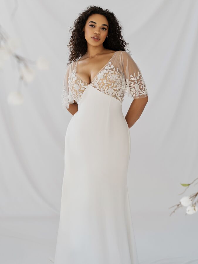 Alexandra Grecco silk crepe and embroidered tulle gown with flutter sleeves and empire waist