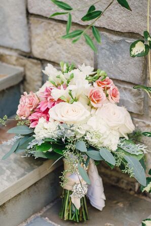 Pink and White Bridal Bouquet with Roses and Hydrangeas