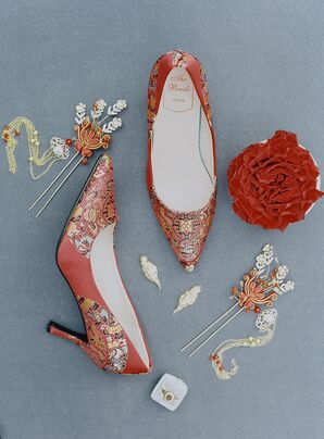 Red, Low Heels With Gold Designs and Hair Pins for Chinese-American Bride