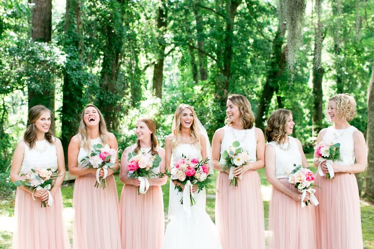 The bridesmaids were dressed in simple cream lace tank tops paired with a dusty rose tulle maxi skirt. “It was such a comfortable skirt and had the flowy, laid-back style I really loved,” Jamie says.