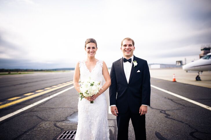 Christina and Scott were married at the Worcester Regional Airport in Massachusetts in a travel-themed wedding with a neutral color palette.