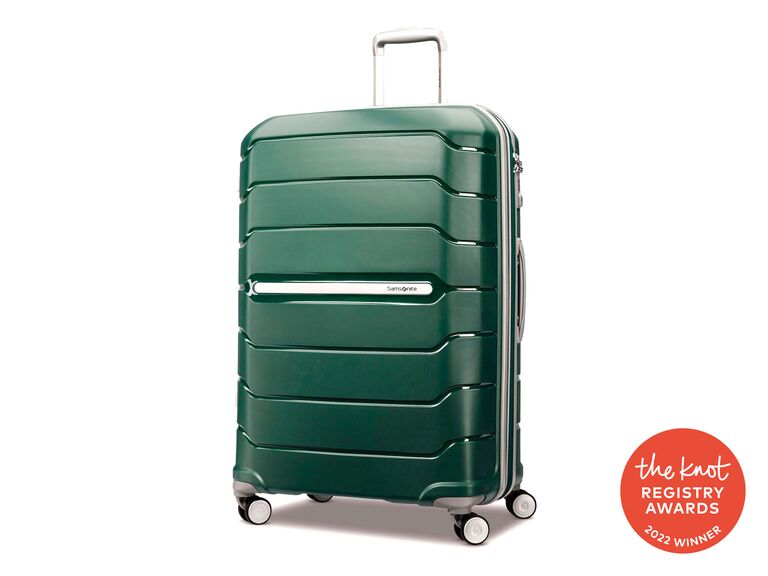 Samsonite green checked suitcase with The Knot Registry Awards 2022 Winner badge