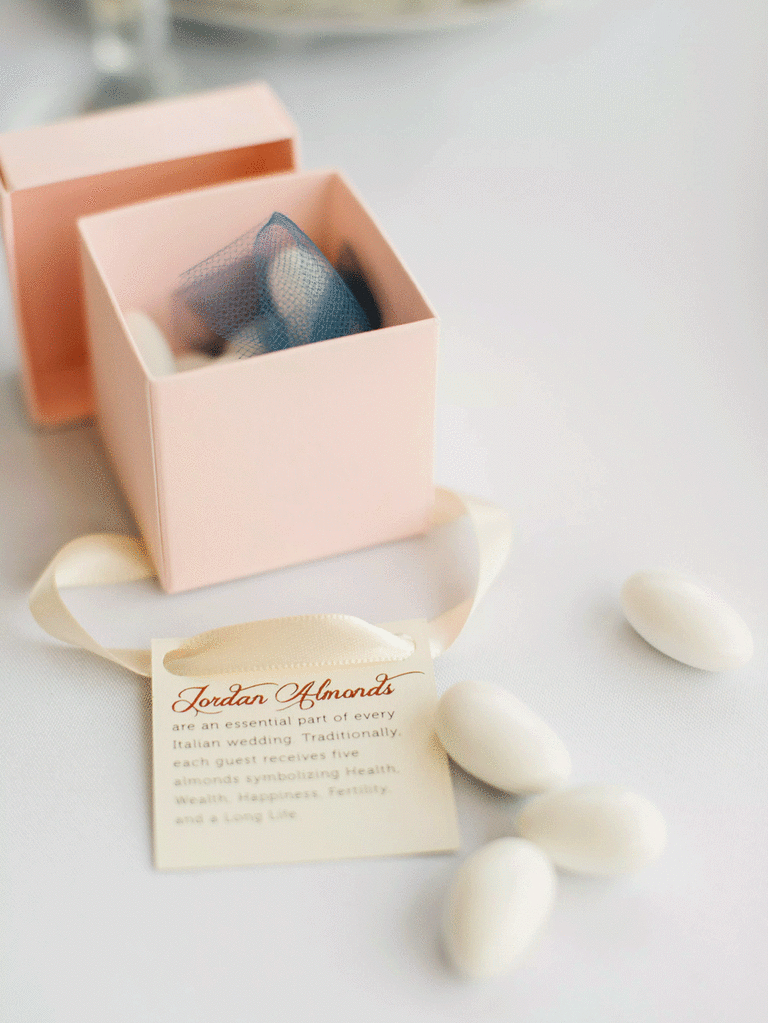 A box of Jordan almonds wedding favors with a small note. 