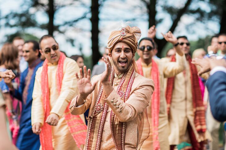 The groom, Vikas, walked to the Hindu ceremony site in the traditional procession after his grand entrance on a helicopter.
