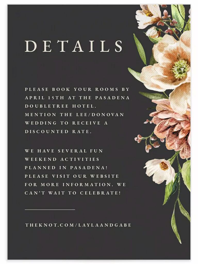 'Details' and info in minimal white type with bold pink florals on dark background