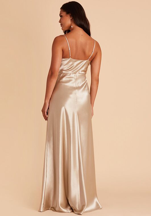 Birdy Grey Lisa Long Shiny Satin Dress in Neutral Champagne Scoop Bridesmaid Dress - 4