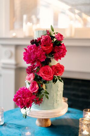 Blue Wedding Cake Decorated With Pink Peonies