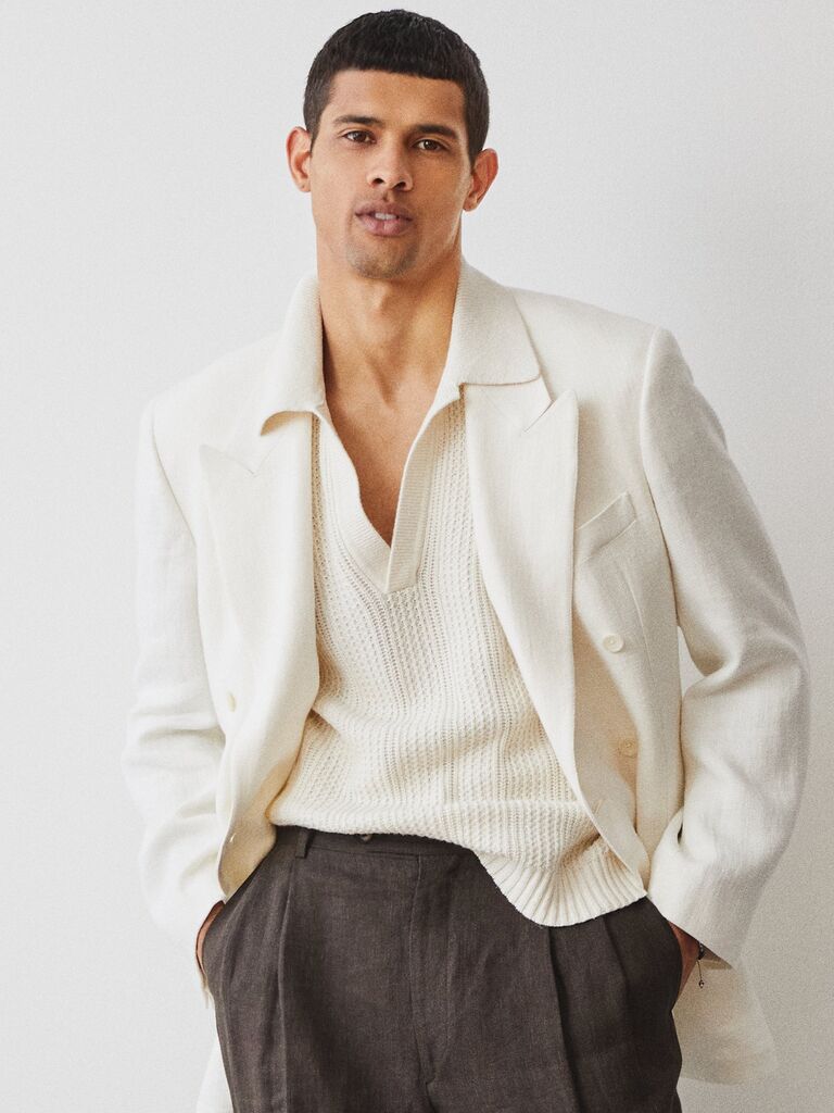 Double-breasted white sport coat by Todd Snyder. 