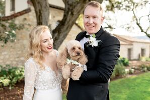Bride with Down Hairstyle, Lace Dress, Red Lips and Dog