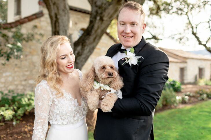 Bride with Down Hairstyle, Lace Dress, Red Lips and Dog