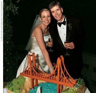 Susan notes, To make Steve and the Californians feel at home, we did a cake in the shape of the Golden Gate Bridge and San Francisco Bay.