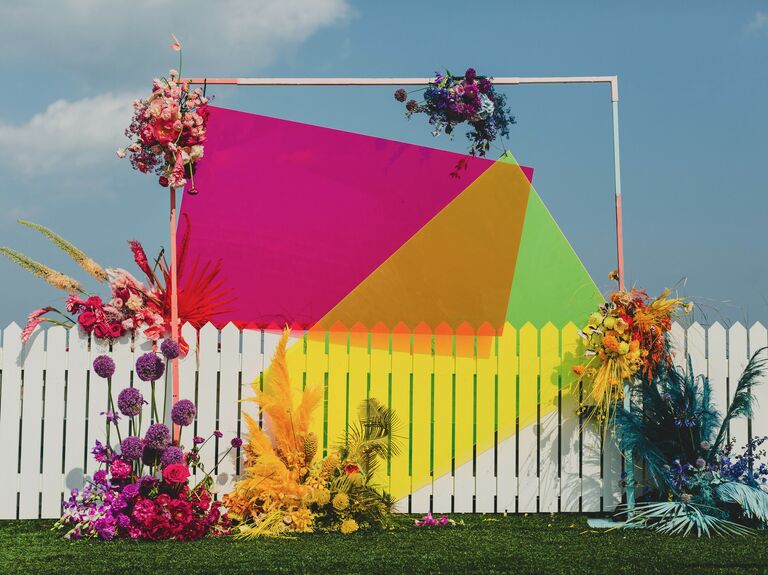 colorful wedding arch alternative with neon colored acrylic squares
