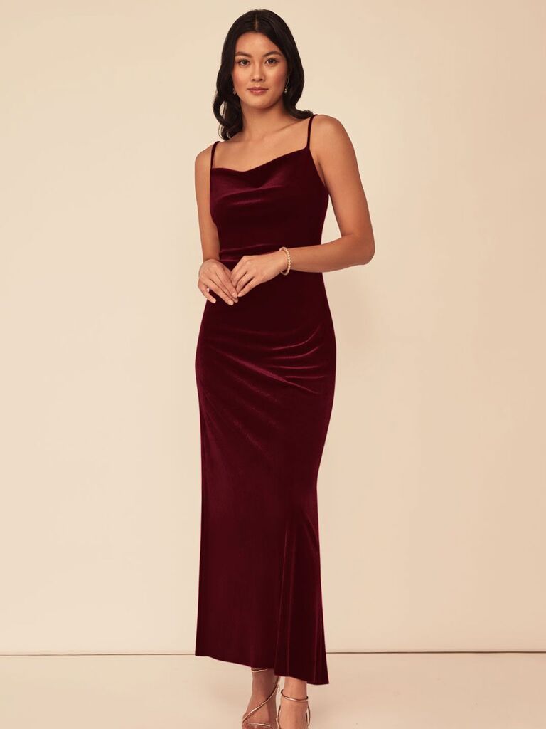 Azazie fall velvet bridesmaid dress with cowl neckline in burgundy